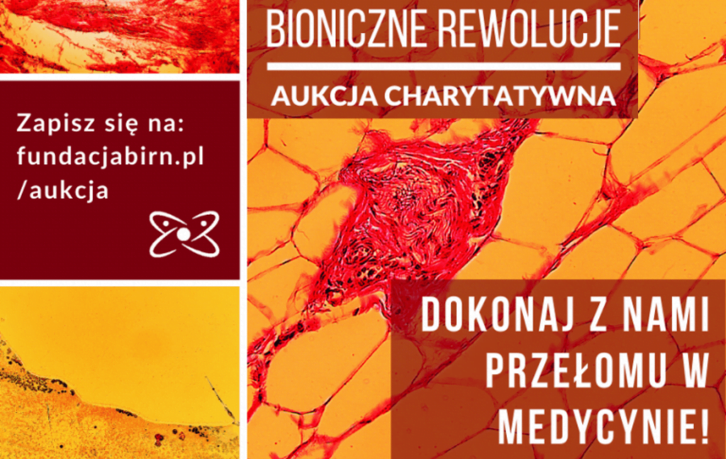 Plakat reklamujący aukcję charytatywną Bioniczne rewolucje.